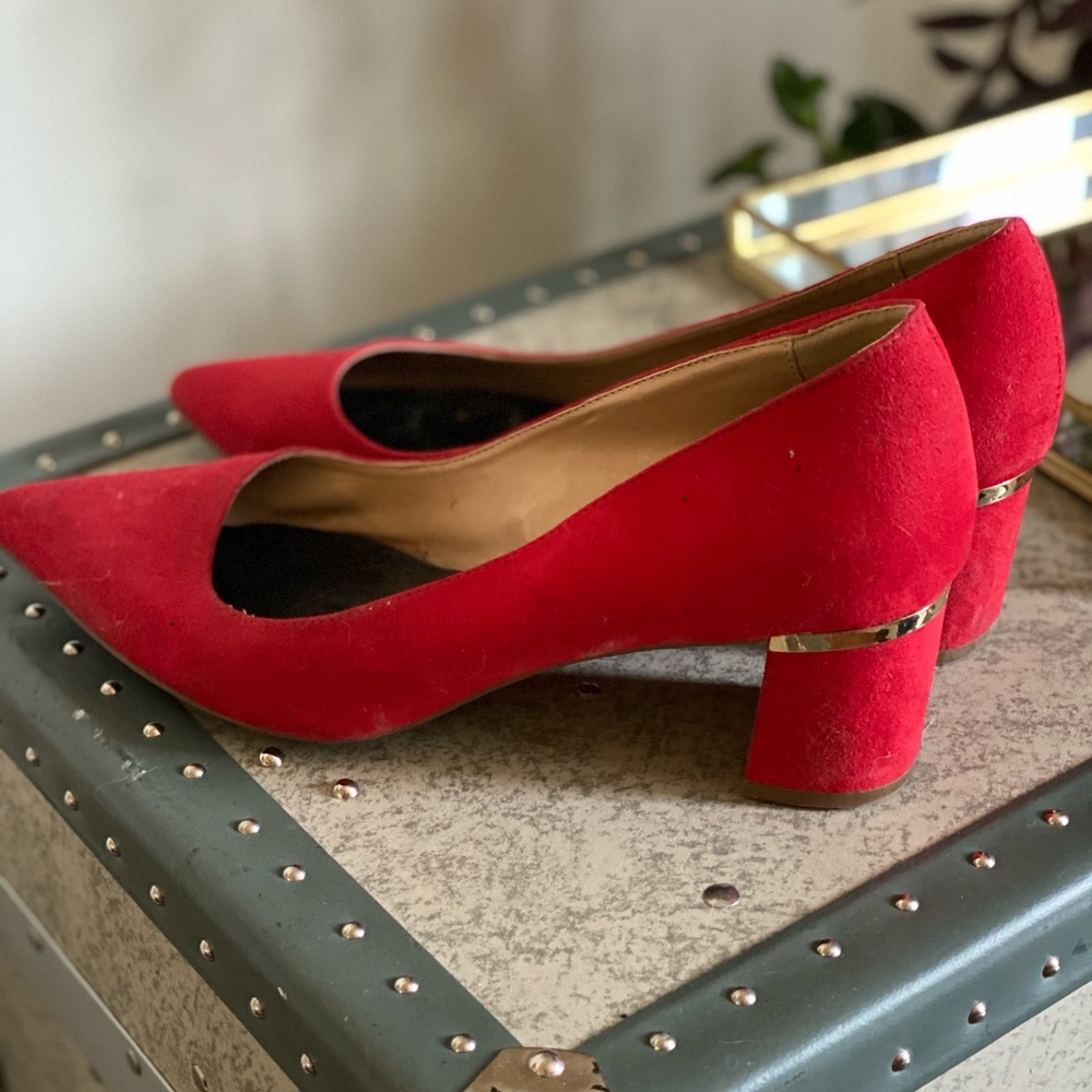 Expressions red block heels with gold trim. Size 9
